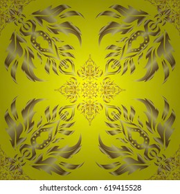 Can be used for digital paper, textile print, page fill. Vector seamless pattern in Christmas traditional colors. Abstract yellow background with golden geometric ornament.
