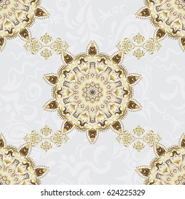 Can be used for digital paper, textile print, page fill. Vector seamless pattern in Christmas traditional colors. Abstract gray background with golden geometric ornament.