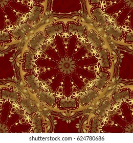 Can be used for digital paper, textile print, page fill. Vector seamless pattern in Christmas traditional colors. Abstract red background with golden geometric ornament.