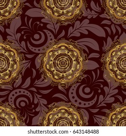 Can be used for digital paper, textile print, page fill. Vector seamless pattern in Christmas traditional colors. Abstract brown background with golden geometric ornament.