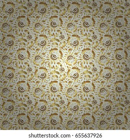 Can be used for digital paper, textile print, page fill. Vector seamless pattern in Christmas traditional colors. Abstract beige background with golden geometric ornament.