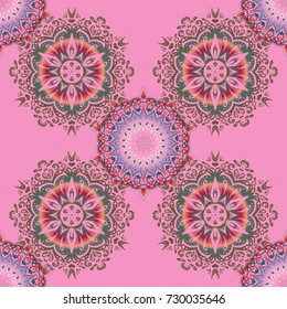 Can be used for digital paper, textile print, page fill or wrapping. Vector seamless pattern in Christmas traditional colors. Abstract green and pink geometric ornament.