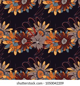 Can be used in dressing clothes, textiles. Embroidery colorful trend floral seamless pattern in orange, pink and black colors. Vector traditional ornamental flower pattern on dress mockup.
