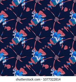 Can be used in dressing clothes, textiles, household items. Embroidery colorful trend floral seamless pattern in blue, black, pink colors. Vector traditional ornamental flower pattern on dress mockup.
