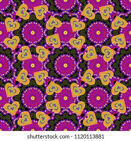 Can be used in dressing clothes, household items. Embroidery colorful trend floral seamless pattern in black, yellow and violet colors. Vector traditional ornamental flower pattern on dress mockup.
