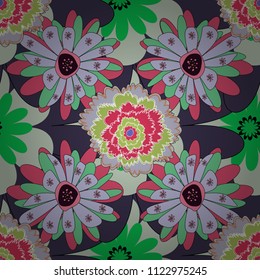 Can be used in dressing clothes, textiles. Embroidery colorful trend floral seamless pattern in green, beige and violet colors. Vector traditional ornamental flower pattern on dress mockup.