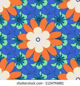 Can be used in dressing clothes, textiles. Embroidery colorful trend floral seamless pattern in blue, orange and green colors. Vector traditional ornamental flower pattern on dress mockup.