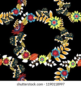 Can be used in dressing clothes, textiles. Embroidery colorful trend floral seamless pattern in black, orange and white colors. Vector traditional ornamental flower pattern on dress mockup.