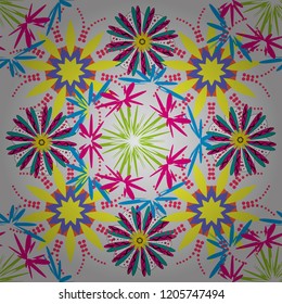 Can be used in dressing clothes, textiles. Embroidery colorful trend floral seamless pattern in yellow, magenta and brown colors. Vector traditional ornamental flower pattern on dress mockup.
