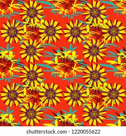 Can be used in dressing clothes, textiles. Embroidery colorful trend floral seamless pattern in red, yellow and blue colors. Vector traditional ornamental flower pattern on dress mockup.