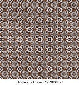 Can be used in dressing clothes, textiles. Embroidery colorful trend floral seamless pattern in violet, brown and gray colors. Vector traditional ornamental flower pattern on dress mockup.