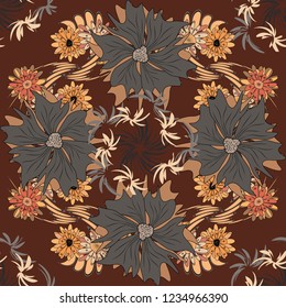 Can be used in dressing clothes, textiles. Vector traditional ornamental flower pattern on dress mockup. Embroidery colorful trend floral seamless pattern in brown, gray and orange colors.