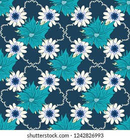 Can be used in dressing clothes, textiles. Vector traditional ornamental flower pattern on dress mockup. Embroidery colorful trend floral seamless pattern in brown, blue and beige colors.