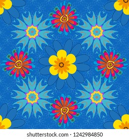 Can be used in dressing clothes, textiles. Vector traditional ornamental flower pattern on dress mockup. Embroidery colorful trend floral seamless pattern in orange, yellow and blue colors.