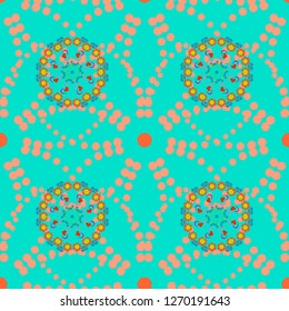 Can be used in dressing clothes, textiles. Vector traditional ornamental flower pattern on dress mockup. Embroidery colorful trend floral seamless pattern in blue, orange and green colors.