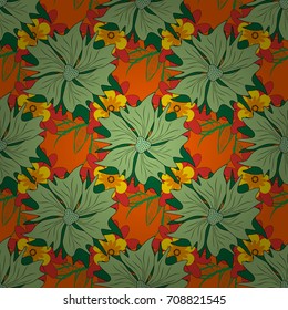 Can be used in dressing clothes, textiles. Embroidery colorful trend floral seamless pattern in red, brown and green colors. Vector traditional ornamental flower pattern on dress mockup.