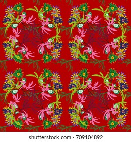 Can be used in dressing clothes, textiles. Embroidery colorful trend floral seamless pattern in brown, red and green colors. Vector traditional ornamental flower pattern on dress mockup.