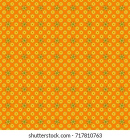 Can be used in dressing clothes, textiles or fabric. Embroidery colorful trend floral seamless pattern in yellow, brown and orange colors. Vector traditional ornamental flower pattern on dress mockup.