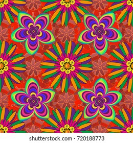 Can be used in dressing clothes, textiles, household items. Embroidery colorful trend floral seamless pattern in red, yellow, purple colors. Vector ornamental flower pattern on dress mockup.