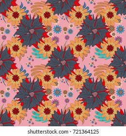 Can be used in dressing clothes, textiles, household items. Embroidery colorful trend floral seamless pattern in blue, pink, orange colors. Vector traditional ornamental flower pattern on dress mockup