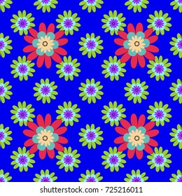 Can be used in dressing clothes, textiles, household items. Embroidery colorful trend floral seamless pattern in violet, green and blue colors. Vector ornamental flower pattern on dress mockup.