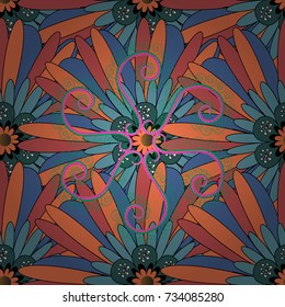 Can be used in dressing clothes, textiles. Embroidery colorful trend floral seamless pattern in pink, blue, orange colors. Vector traditional ornamental flower pattern on dress mockup.