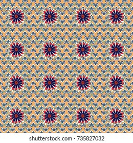 Can be used in dressing clothes, textiles. Embroidery colorful trend floral seamless pattern in orange, blue and gray colors. Vector traditional ornamental flower pattern on dress mockup.