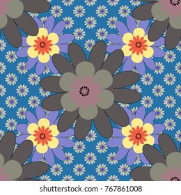 Can be used in dressing clothes, textile, household items. Embroidery colorful trend floral seamless pattern in neutral, gray, blue colors. Vector traditional ornamental flower pattern on dress mockup