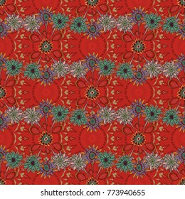 Can be used in dressing clothes, textiles. Embroidery colorful trend floral seamless pattern in green, red and beige colors. Vector traditional ornamental flower pattern on dress mockup.