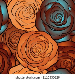 Can be used for festive greeting card, textil print or fabric. Lovely rose flowers in brown, red and orange colors. Vector seamless pattern.