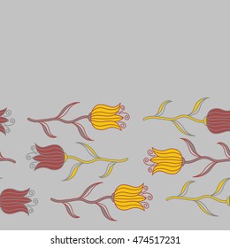 Can be used for festive greeting card, textil print or fabric. Lovely tulip flowers in yellow, pink and gray colors. Vector seamless pattern.