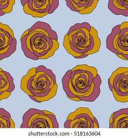 Can be used for festive greeting card, textil print or fabric. Lovely rose flowers in blue, orange and violet colors. Vector seamless pattern.