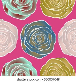 Can be used for festive greeting card, textil print or fabric. Lovely rose flowers in blue, neutral and red colors. Vector seamless pattern.