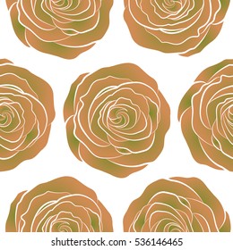 Can be used for festive greeting card, textil print or fabric. Lovely rose flowers in green and orange colors on white background. Vector seamless pattern.