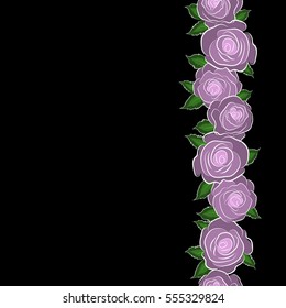 Can be used for festive greeting card, textil print or fabric. Lovely vertical rose flowers with copy space (place for your text) in neutral and green colors. Vector seamless pattern.