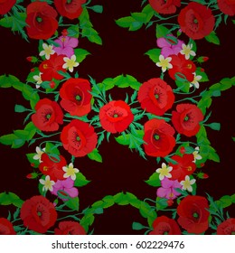 Can be used for festive greeting card, textil print or fabric. Lovely multicolored poppy flowers on brown background. Vector seamless pattern.