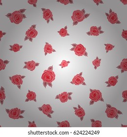 Can be used for festive greeting card, textil print or fabric. Lovely rose flowers in red colors on white background. Vector seamless pattern.