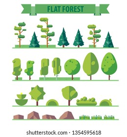Can be used for games:sprites and tile sets.Vector flat forests illustrations. set of flat trees and grass including pine and deciduous trees.