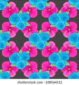 Can be used for greeting business card background, backdrop, textile. Ethnic towel, henna style. Seamless ornament print on gray background. Vector Indian floral rose flowers and green leaves pattern.