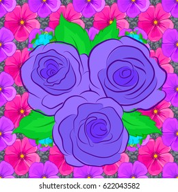 Can be used for greeting card background, backdrop, textile. Vector Indian floral rose flowers and green leaves pattern. Ethnic towel, henna style. Seamless ornament print on a violet background.