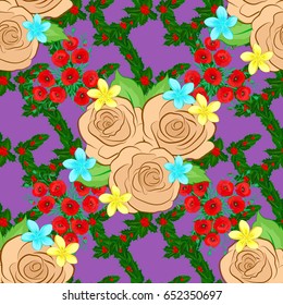 Can be used for greeting card background, backdrop, textile. Ethnic towel, henna style. Seamless ornament print on a violet background. Vector Indian floral rose flowers and green leaves pattern.