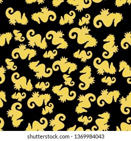 Can be used for greeting cards, wedding invitations, logo, printing on fabric. Vector illustration. Seamless. Tigertail Seahorse cutout. Seahorse on beige, black and yellow background.