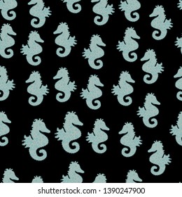 Can be used for greeting cards, wedding invitations, logo, printing on fabric. Tigertail Seahorse cutout. Vector illustration. Seamless. Seahorse on gray, black and blue background.