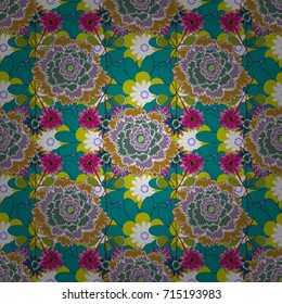 Can be used as greeting or wedding background. Best for fabric. Vector spring flower seamless pattern in blue, neutral and green colors. Floral chaos abstract collage from simple summer flowers.