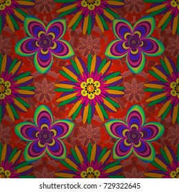 Can be used as greeting or wedding background. Best for fabric. Vector spring flower seamless pattern in red, yellow, purple colors. Elegant tender design for natural cosmetics, perfume, florist shop.
