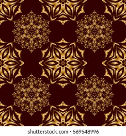 Can be used for luxury greeting rich card. Vector gold ornament on a brown background. Pattern with golden elements on a brown background. Vintage seamless texture.