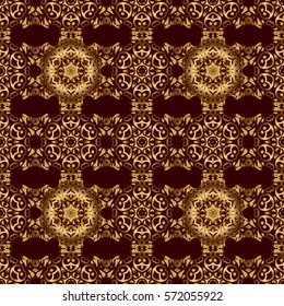 Can be used for luxury greeting rich card. Vintage seamless texture. Vector gold ornament on a brown background. Pattern with golden elements on a brown background.