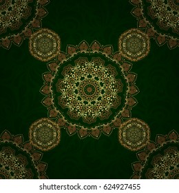 Can be used for luxury greeting rich card. Vintage seamless texture. Vector gold ornament on a green background. Pattern with golden elements on a green background.