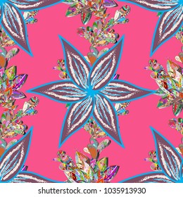 It can be used on mug prints, baby apparels, wallpaper, wrapping boxes etc. Vector. Elegant, bright and seamless pink, purple and blue flower pattern design.