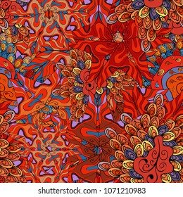 It can be used on mug prints, baby apparels, wallpaper, wrapping boxes etc. Seamless Cute fabric pattern. Vector. - stock. Abstract doodles pattern. Pattern red, orange, black, blue, violet on colors.